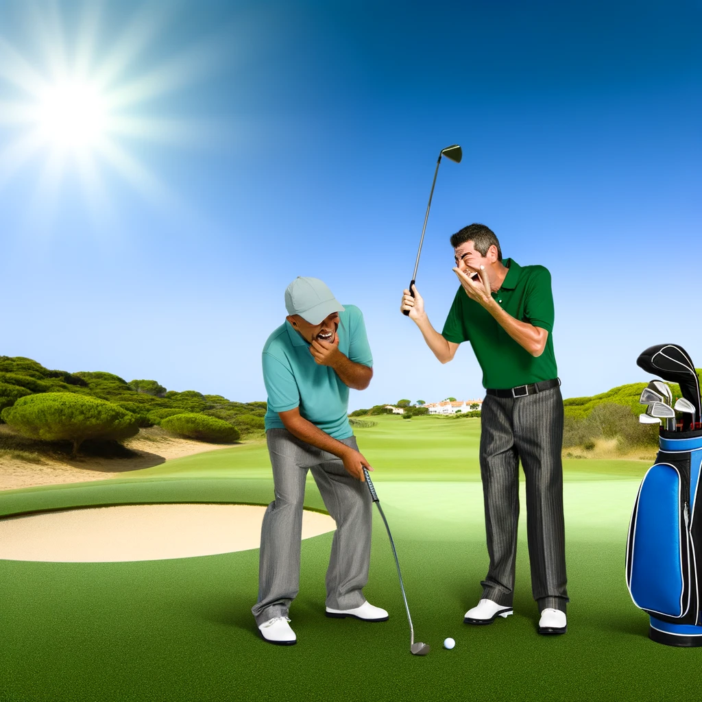 A golfer and caddy laughing together on a sunny golf course after the golfer misses the ball, showcasing the fun and camaraderie of the game.