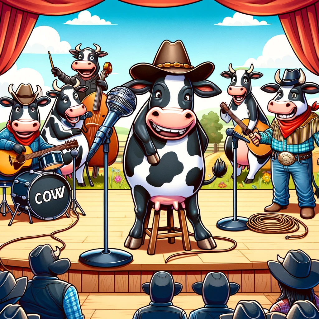 Cows engaging in humorous activities on a vibrant farm, including a cow at a comedy stage microphone, a band of musical cows, and a cowboy cow with a lasso.